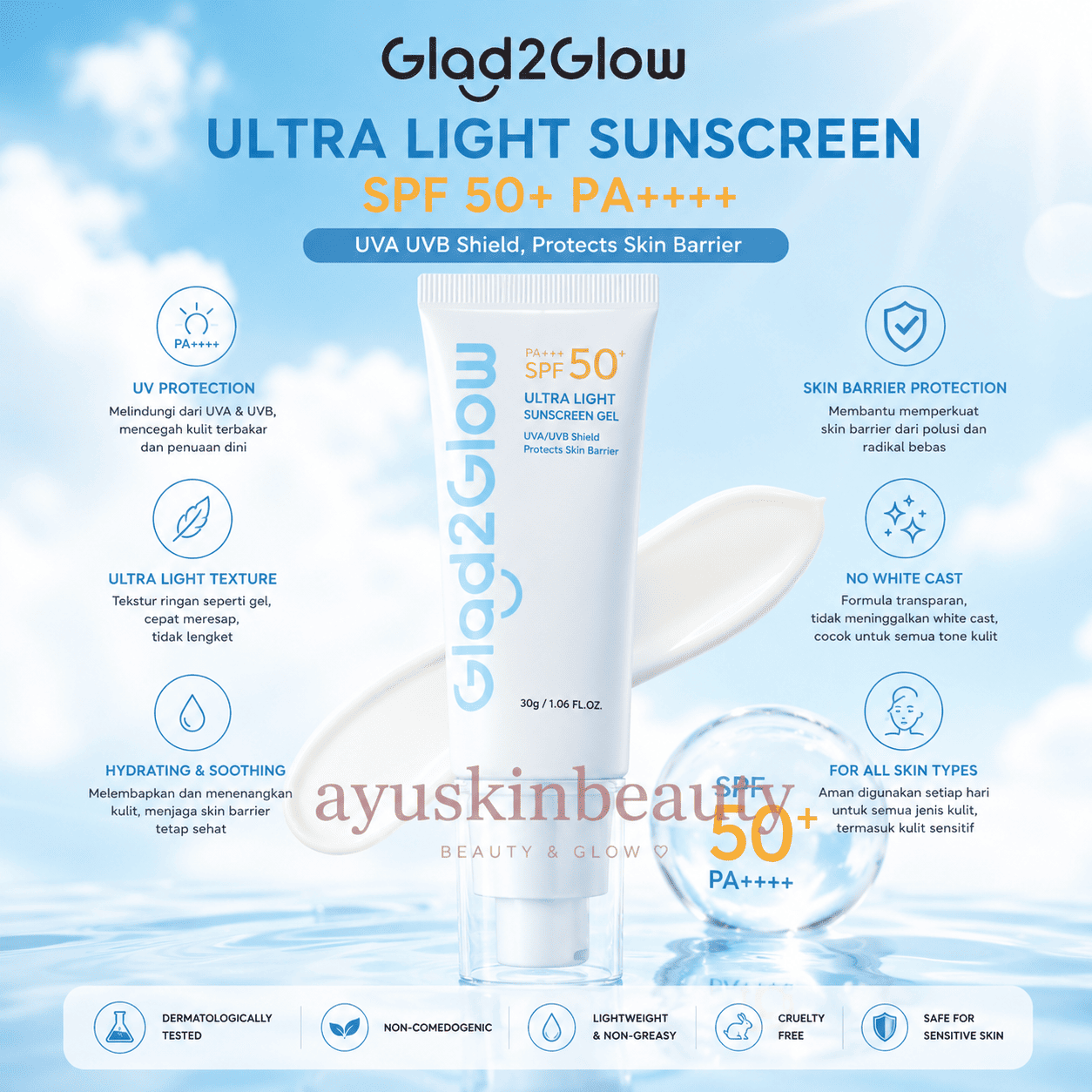 Glad2Glow Ultra Light Sunscreen SPF 50+ PA++++